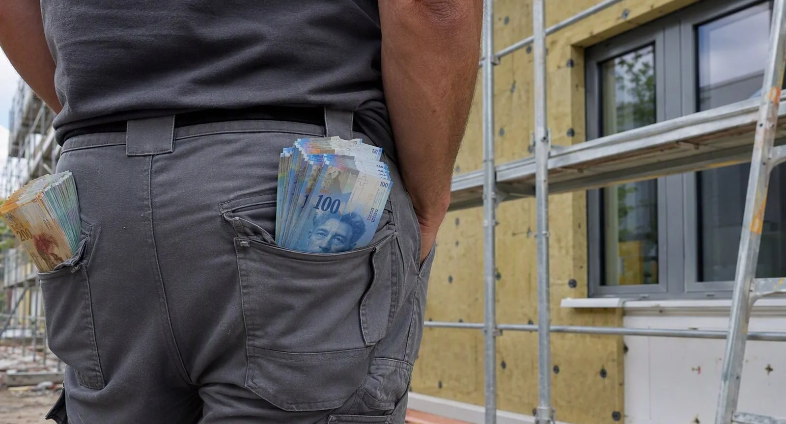 Handwerker vor einer frisch gedämmten Fassade — Fördergelder für die energetische Sanierung