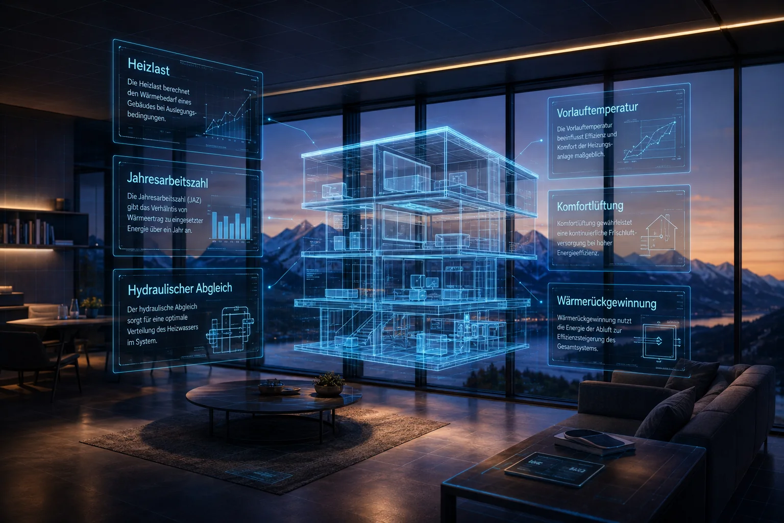 Digitales Gebäudemodell mit eingeblendeten Erklärungen zu Heizlast, Jahresarbeitszahl, hydraulischem Abgleich, Vorlauftemperatur, Komfortlüftung und Wärmerückgewinnung